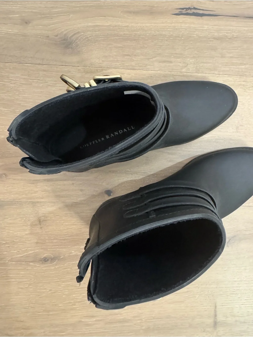 Loeffler Randall Women’s Black Ankle Boots with Gold Buckles waterproof